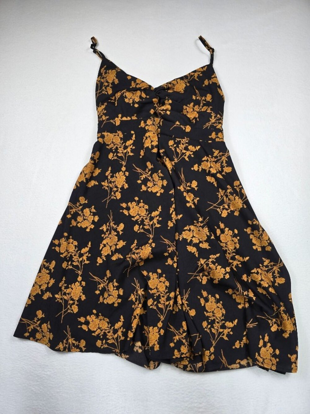 Shein L Floral Print Black Yellow Dress Adjustable Ruched Bust Open Back